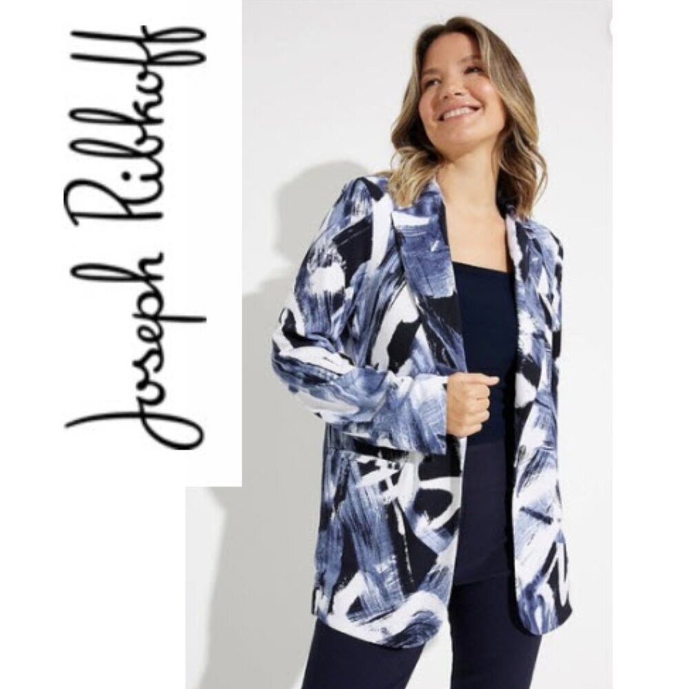 Joseph Ribkoff Brushstroke Blazer Jacket 10 Midnight Blue Ivory Chic Office